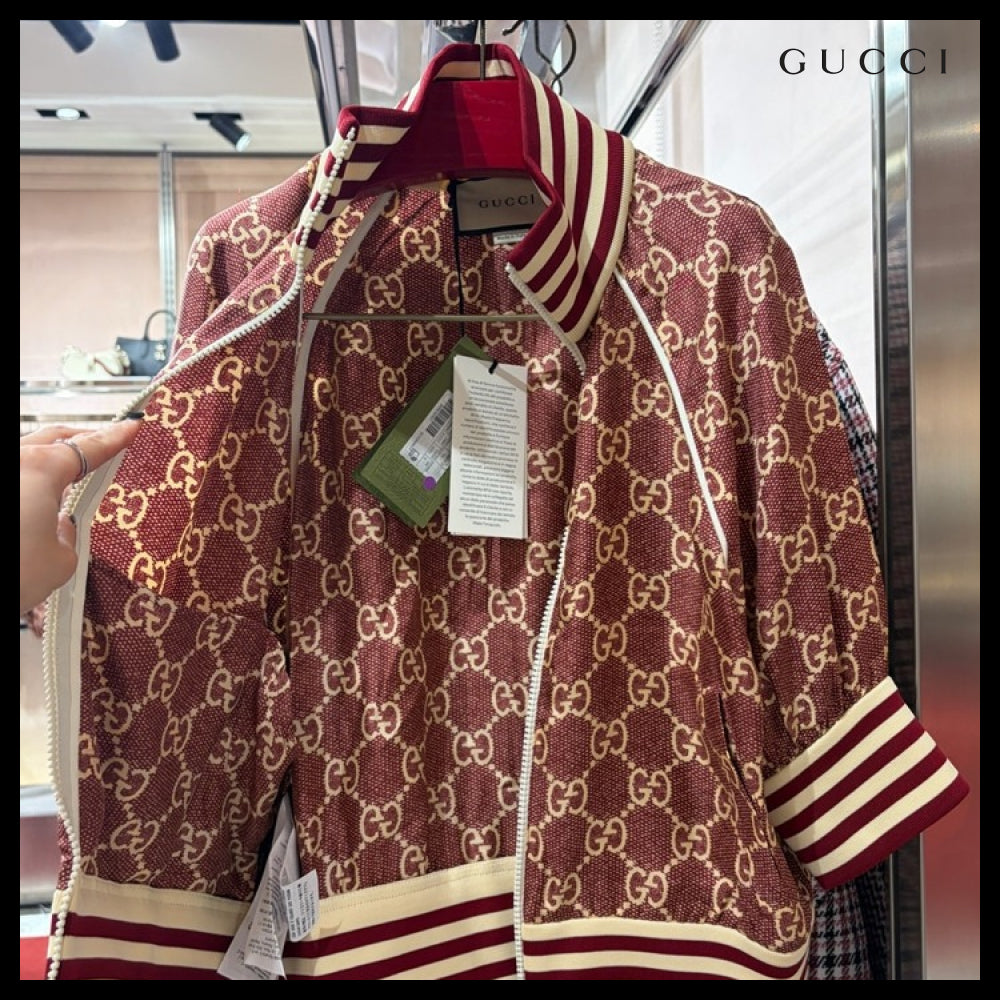 【GUCCI】GG Supreme Print Silk Zip-Up Jacket Sweet Berries