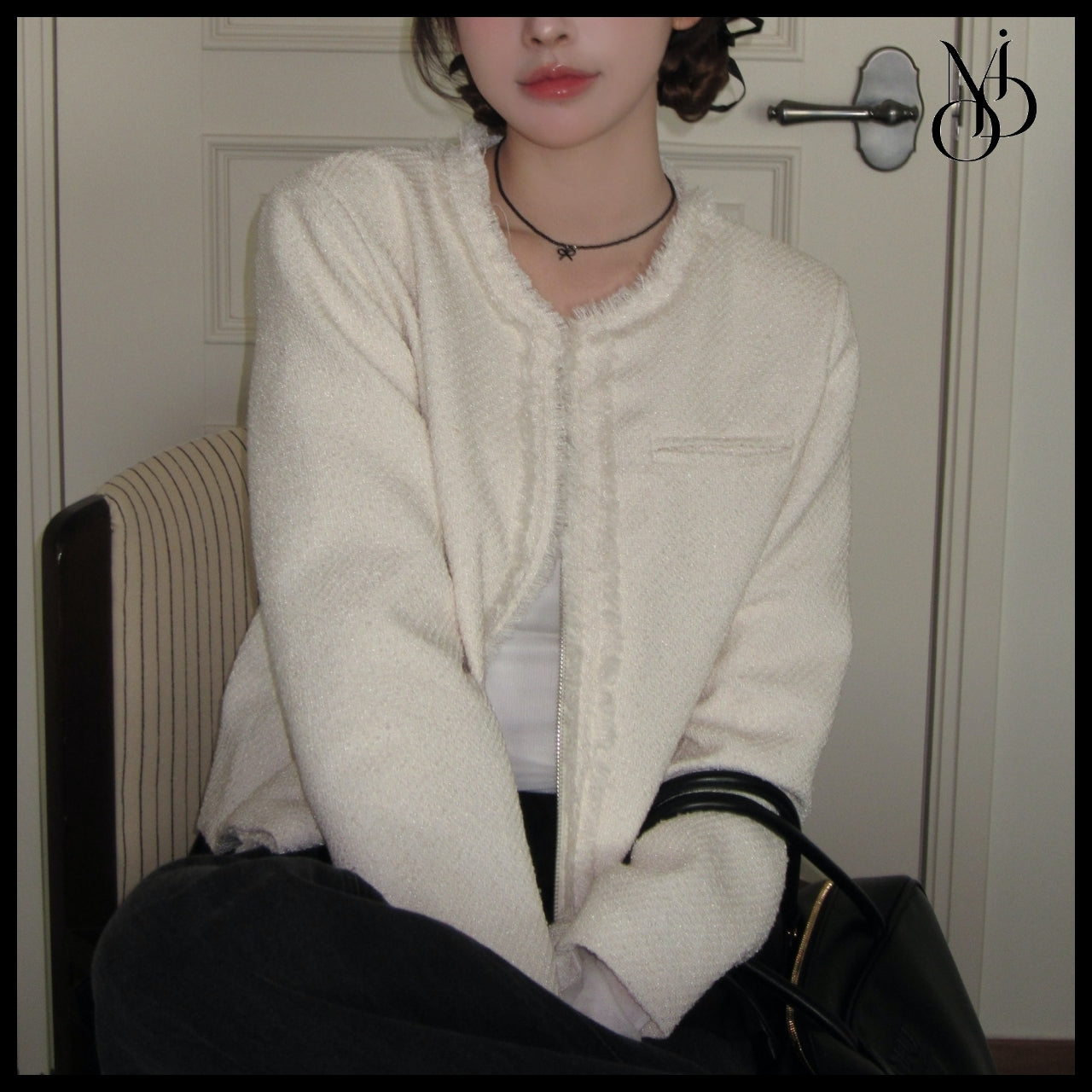 【MODIMOOD】Rudy Round Neck Zip-Up Fringe Tweed Jacket