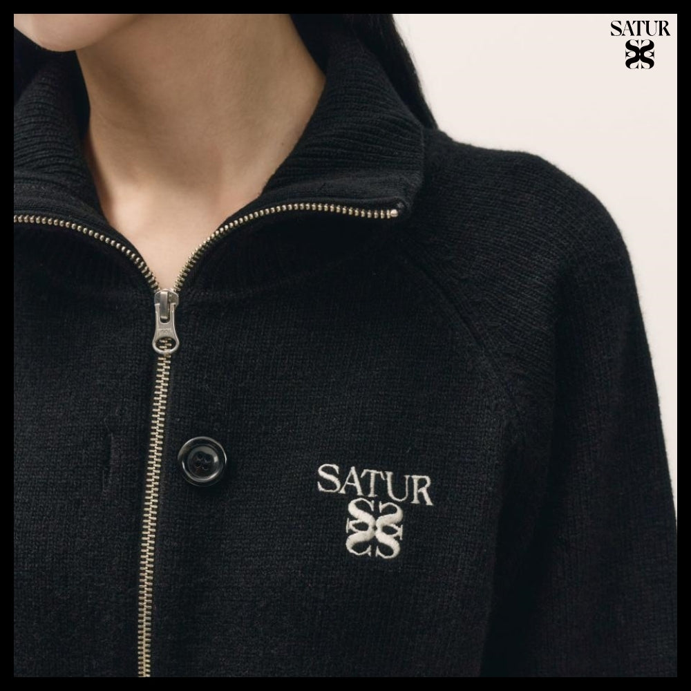 【SATUR】Women's Signature Logo Cashmere Blend Knit Zip-Up