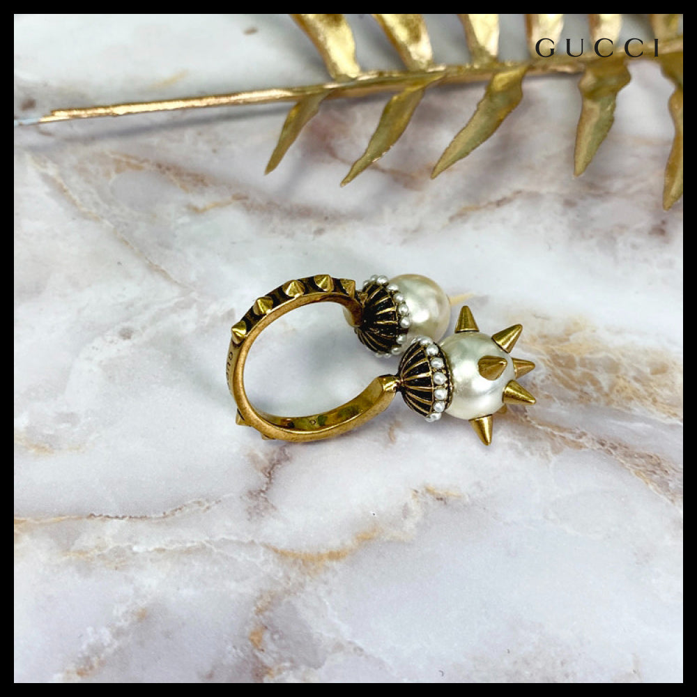 【GUCCI】Double Glass Pearl Stud Ring White Gold