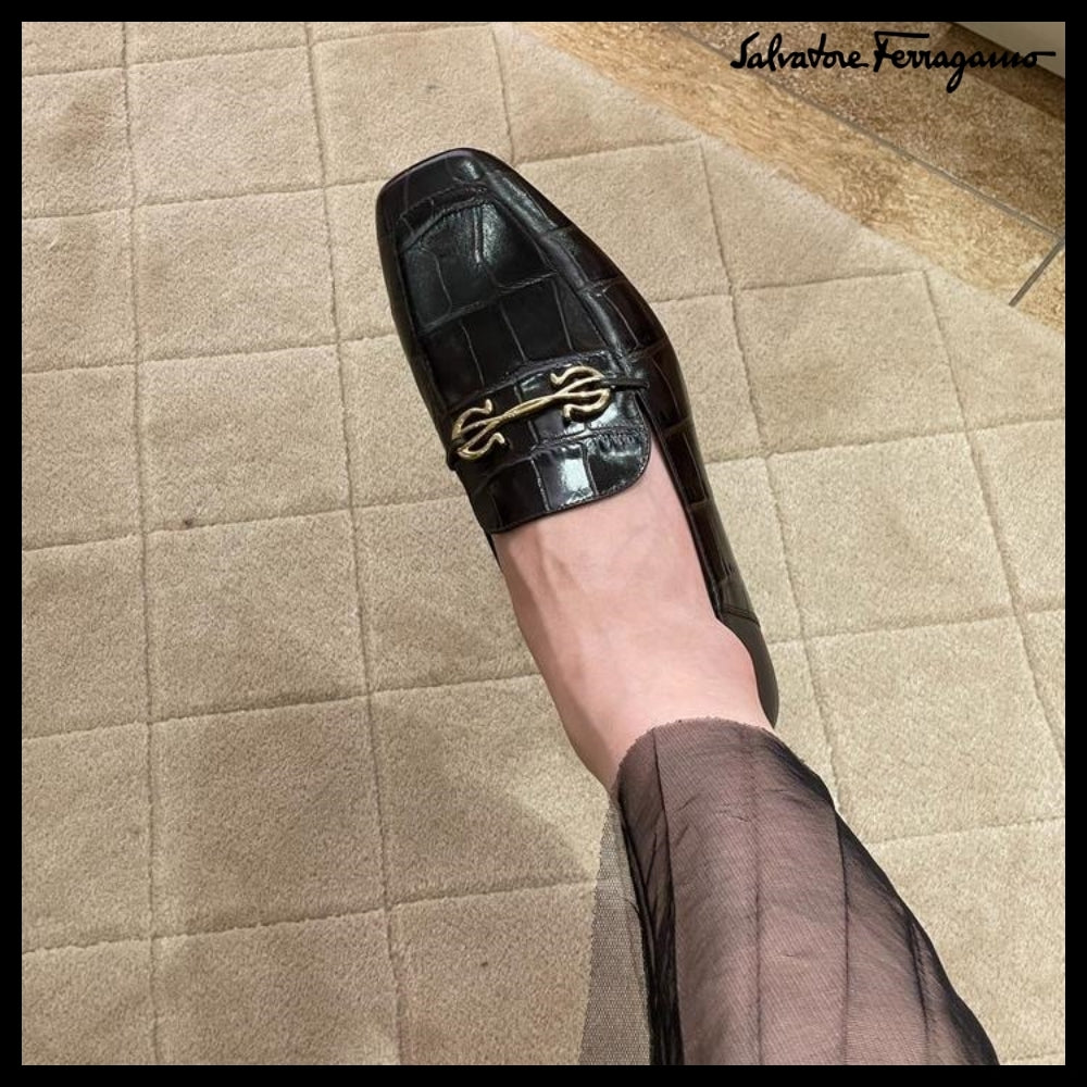【FERRAGAMO】LOUIS GANCINI CROC PATTERN LOAFERS DARK BROWN