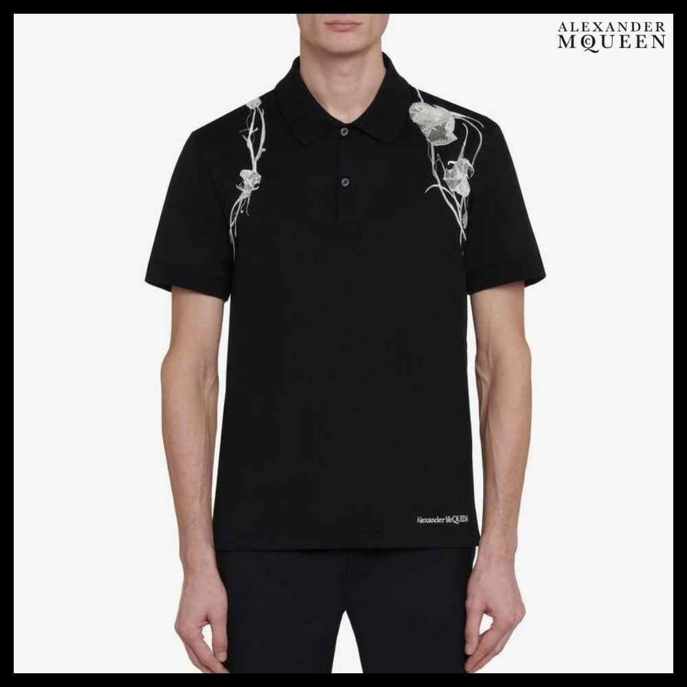 【Alexander Mcqueen】Pressed Flower Harness Polo Shirt Black