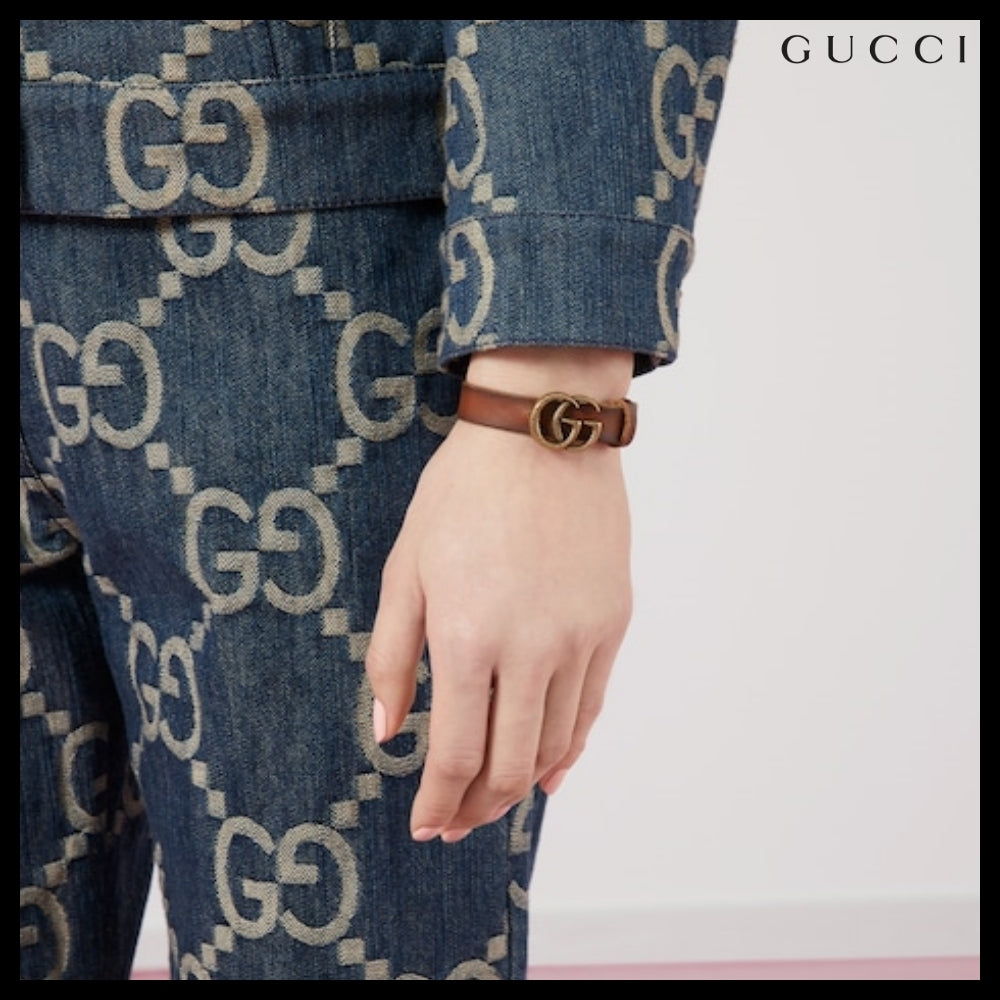 【GUCCI】GGゴールド メタル バックル レザー ブレスレットBROWN