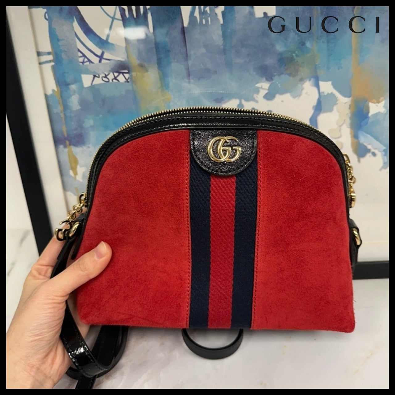 【GUCCI】Ophidia GG Suede Half-Moon Shoulder Bag RED