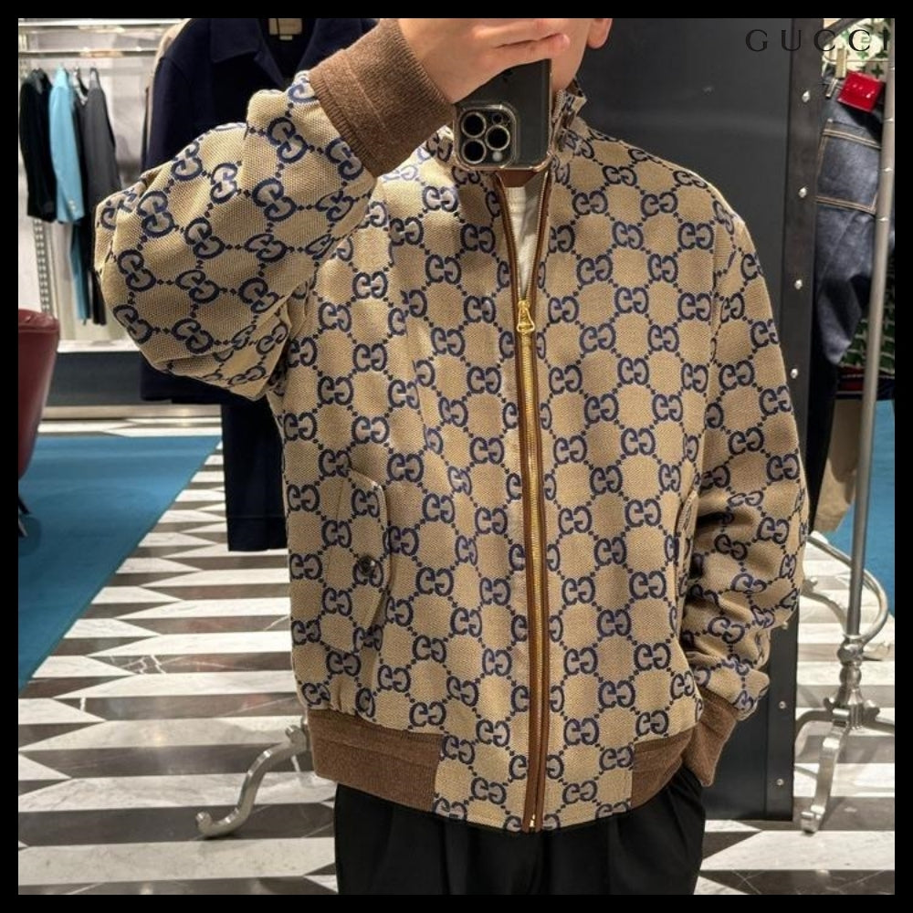 【GUCCI】GG Canvas Cotton Blend Blouson Jacket Beige Blue