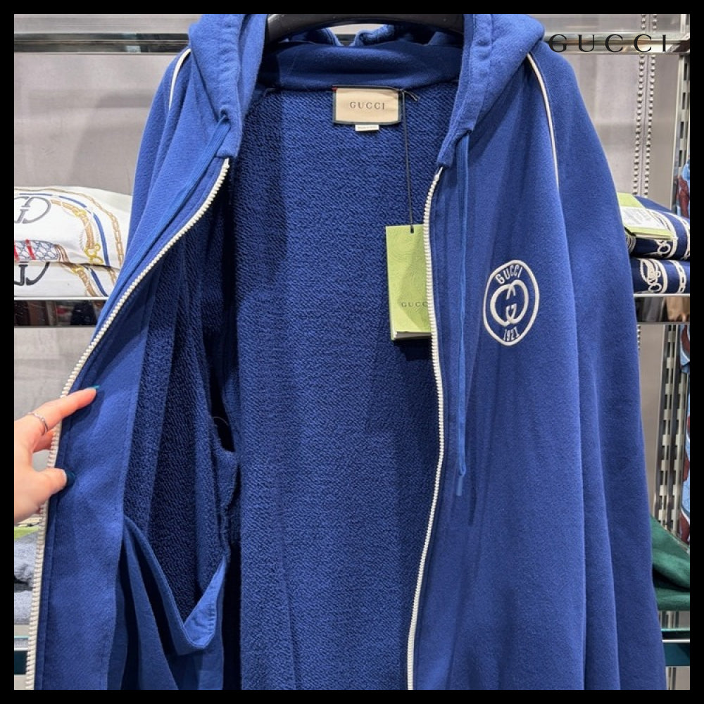 【GUCCI】Interlocking Embroidered Cotton Hooded Zip-Up Jacke