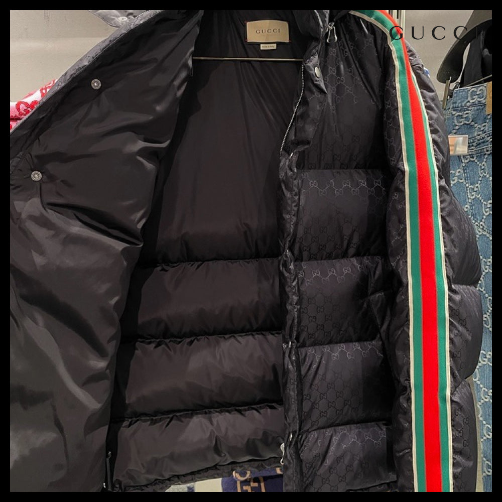 【GUCCI】Web GG Jacquard Goose Down Puffer Jacket Black