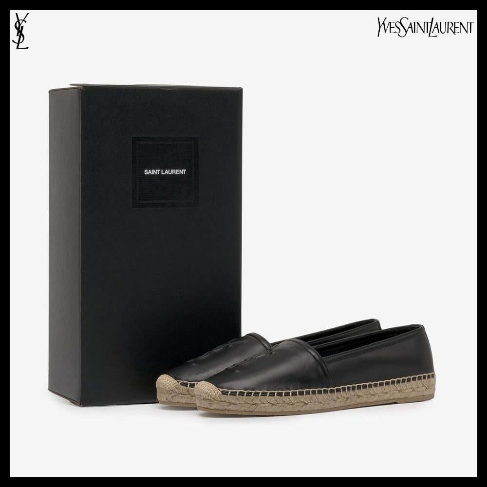 【Saint Laurent】Embossed Monogram Leather Espadrilles Black