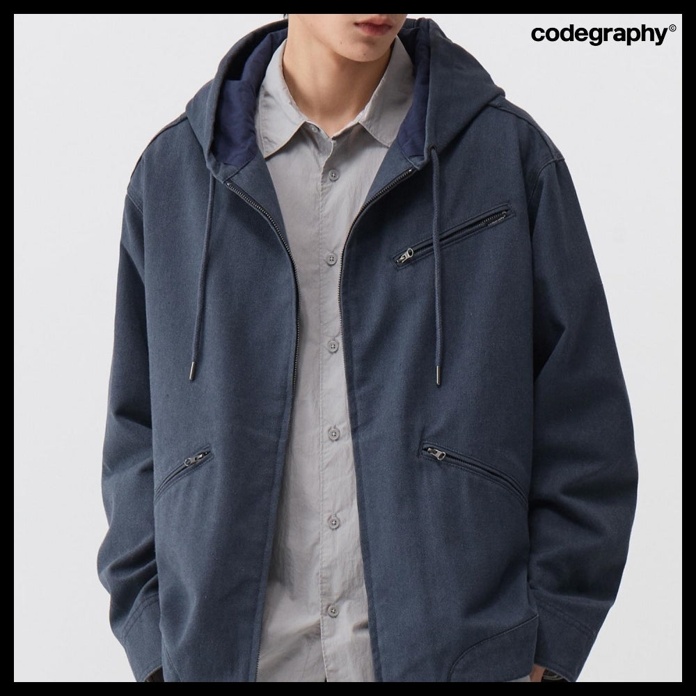 【codegraphy】Vintage Washed Cotton Hood Work Jacket Blue