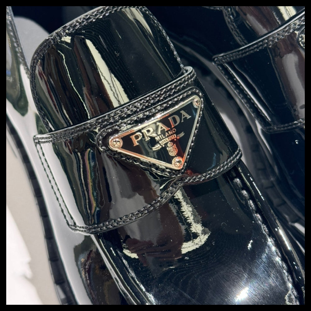 【PRADA】Chocolate Triangle Logo Brushed Leather Loafers