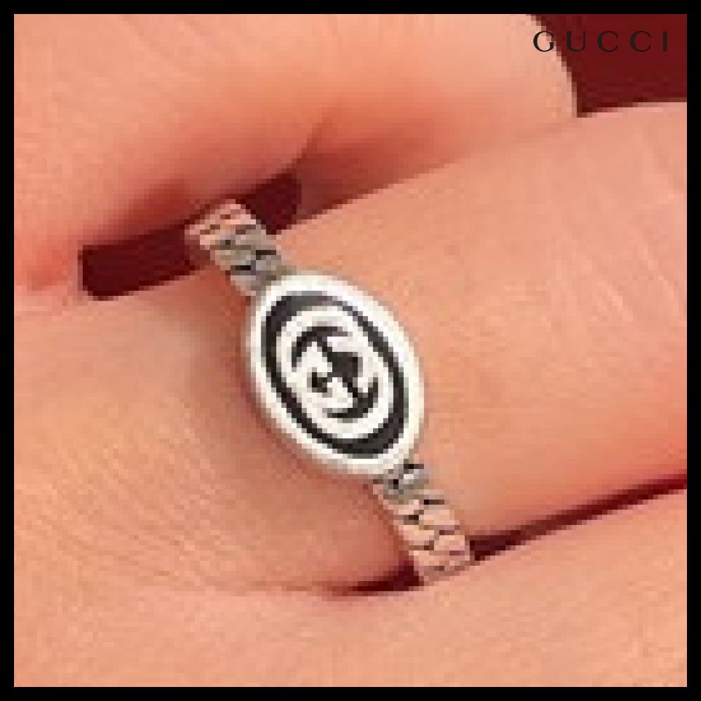 【GUCCI】Interlocking G Enamel Chain Ring Black