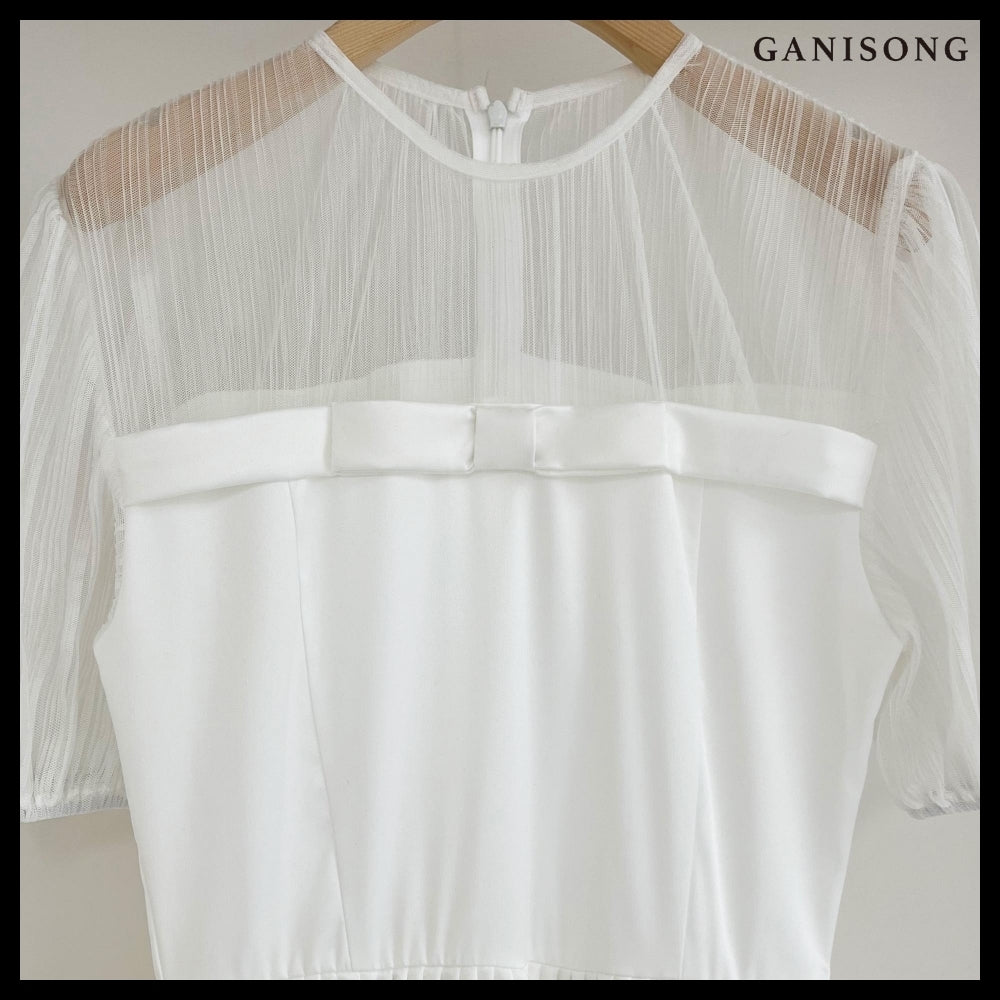 【GANISONG】Bridal Sheer Ribbon Line Dress White