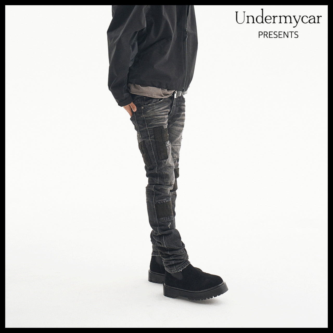 【Undermycar】Notre Dame Patched Grunge Slim Jeans Washed