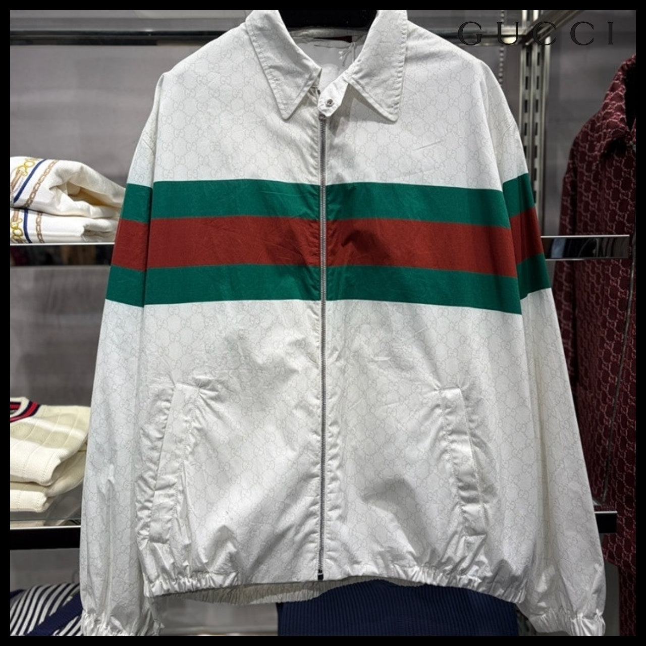 【GUCCI】1921 GG Print Web Cotton Blouson Jacket White Green