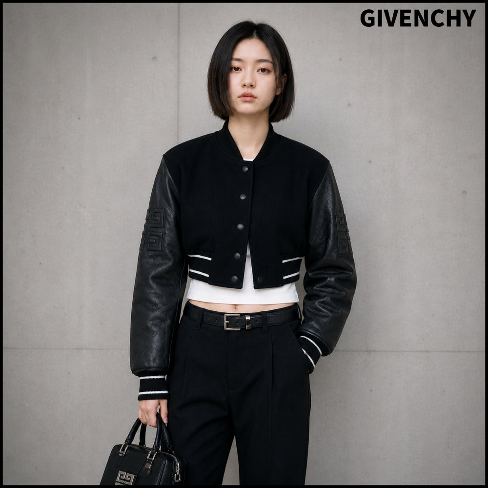 【GIVENCHY】Cropped Varsity Jacket Black White