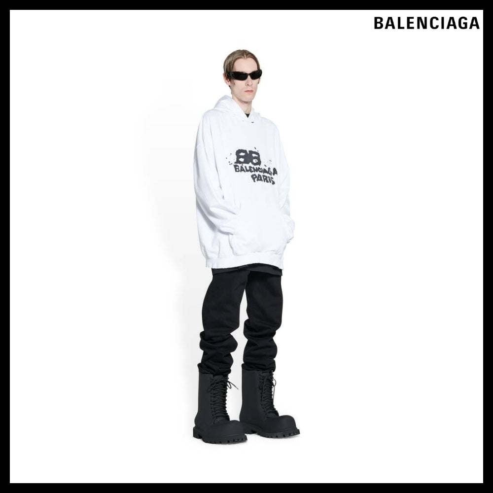 【BALENCIAGA】Hand-Drawn BB Icon Hoodie Large Fit White