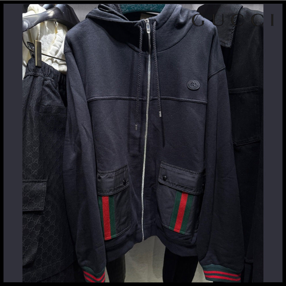 【GUCCI】Web Pocket Felted Cotton Jersey Hooded Jacket Black