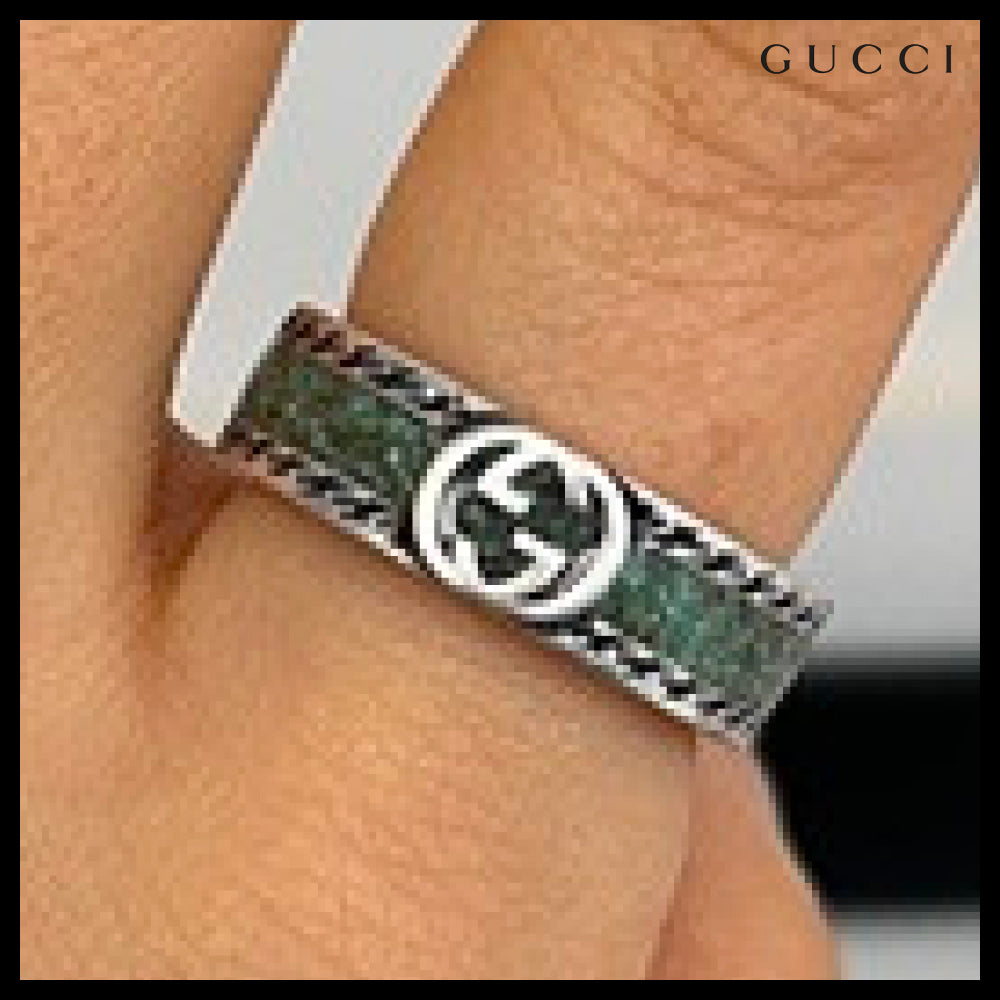 【GUCCI】Interlocking G Logo Enamel Metal Ring Howlite