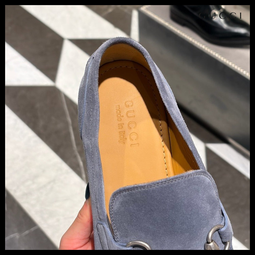 【GUCCI】JORDAN Horsebit Suede Men’s Moccasin Loafers Blue