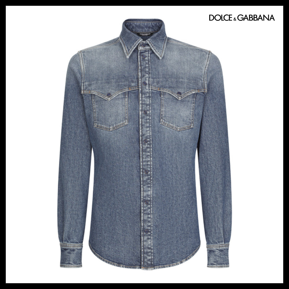 【Dolce & Gabbana】LIGHT BLUE WASH STRETCH DENIM SHIRT