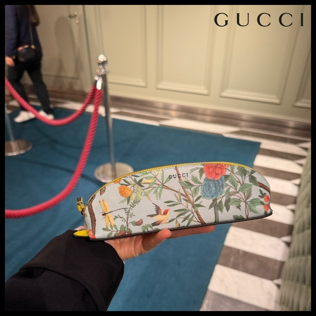 【GUCCI】Tian Flower Calf Leather Pencil Case LIGHT BLUE
