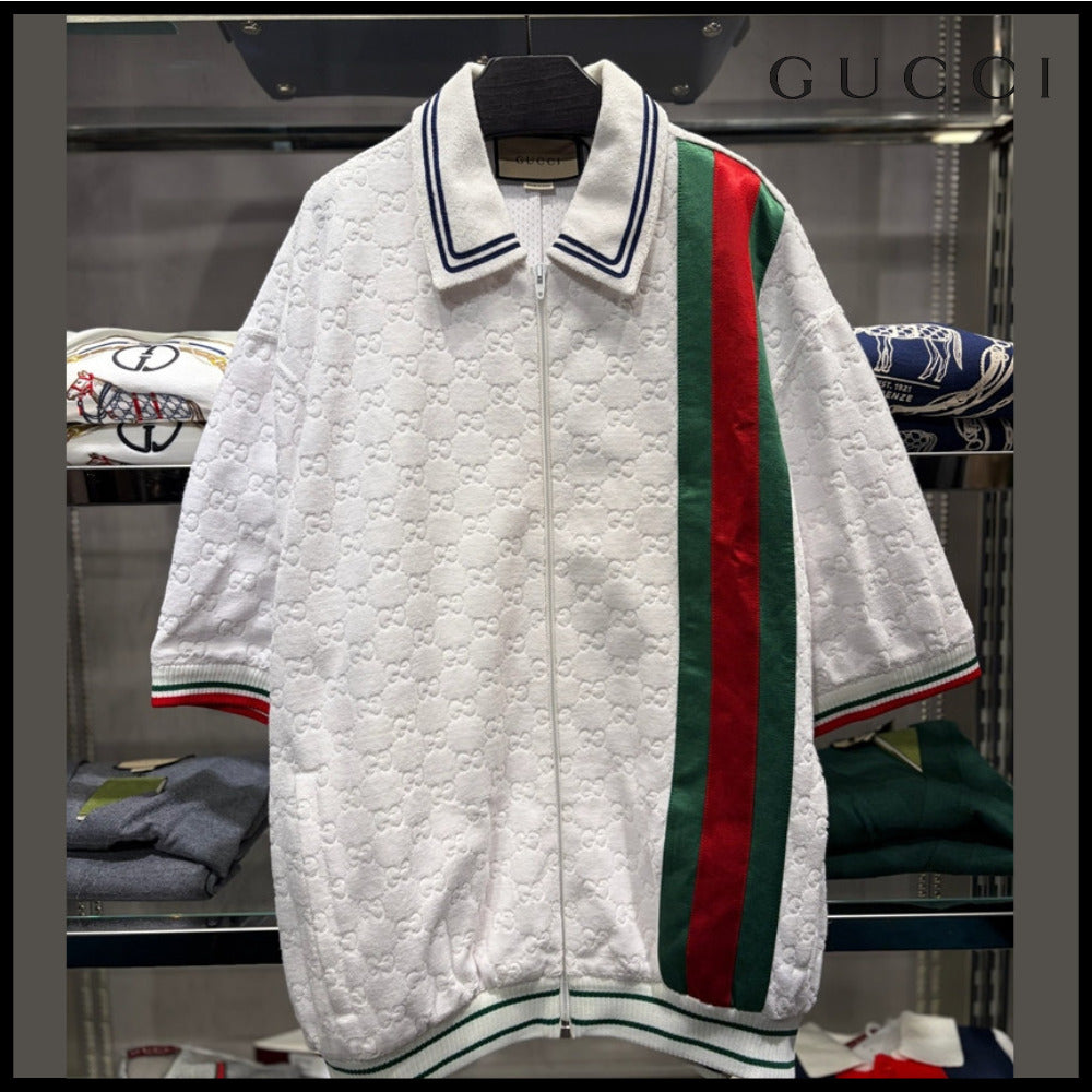 【GUCCI】GG Web Stripe Cotton Terry Short-Sleeve Zip-Up