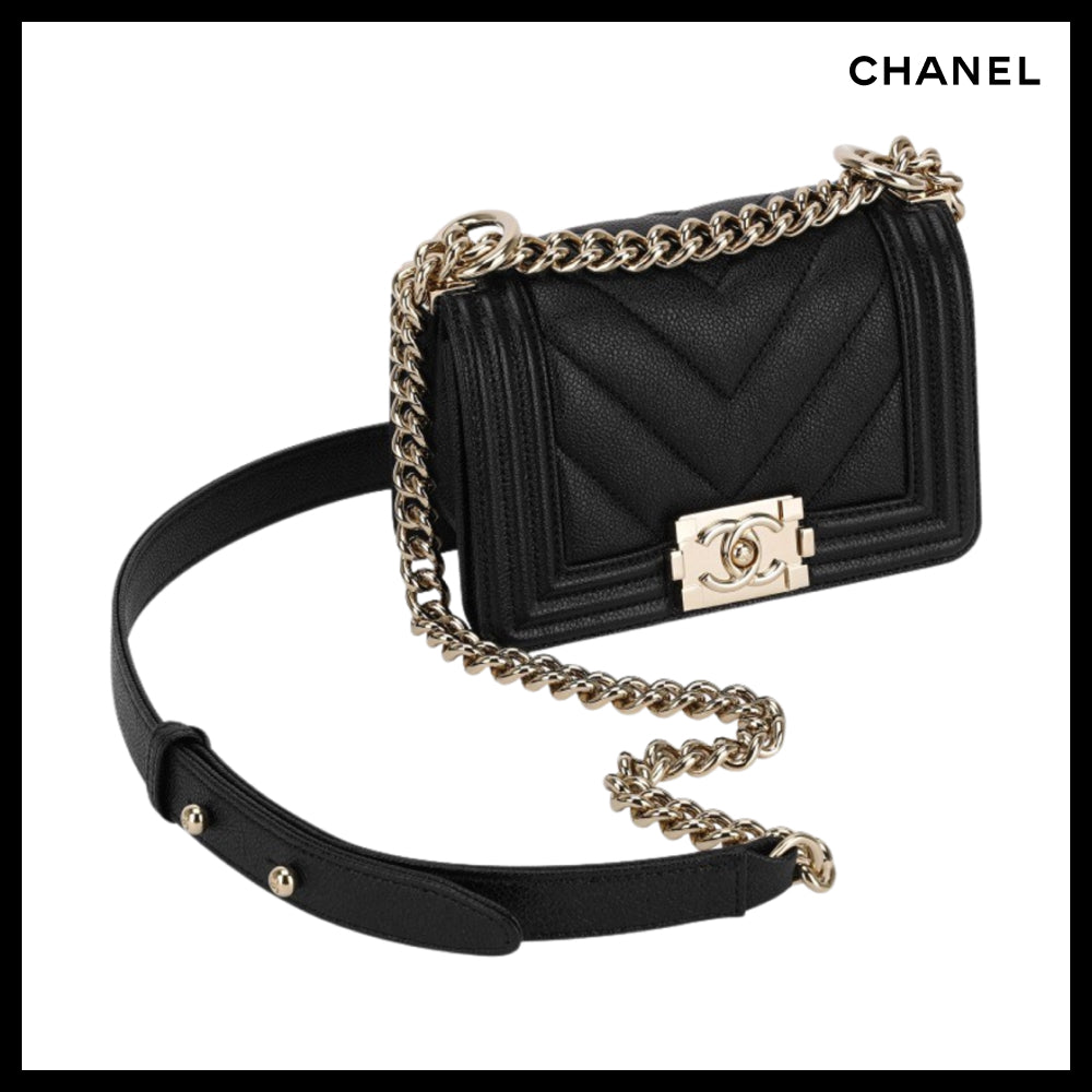 【CHANEL】Mini Boy Handbag Grained Calfskin & Gold Black