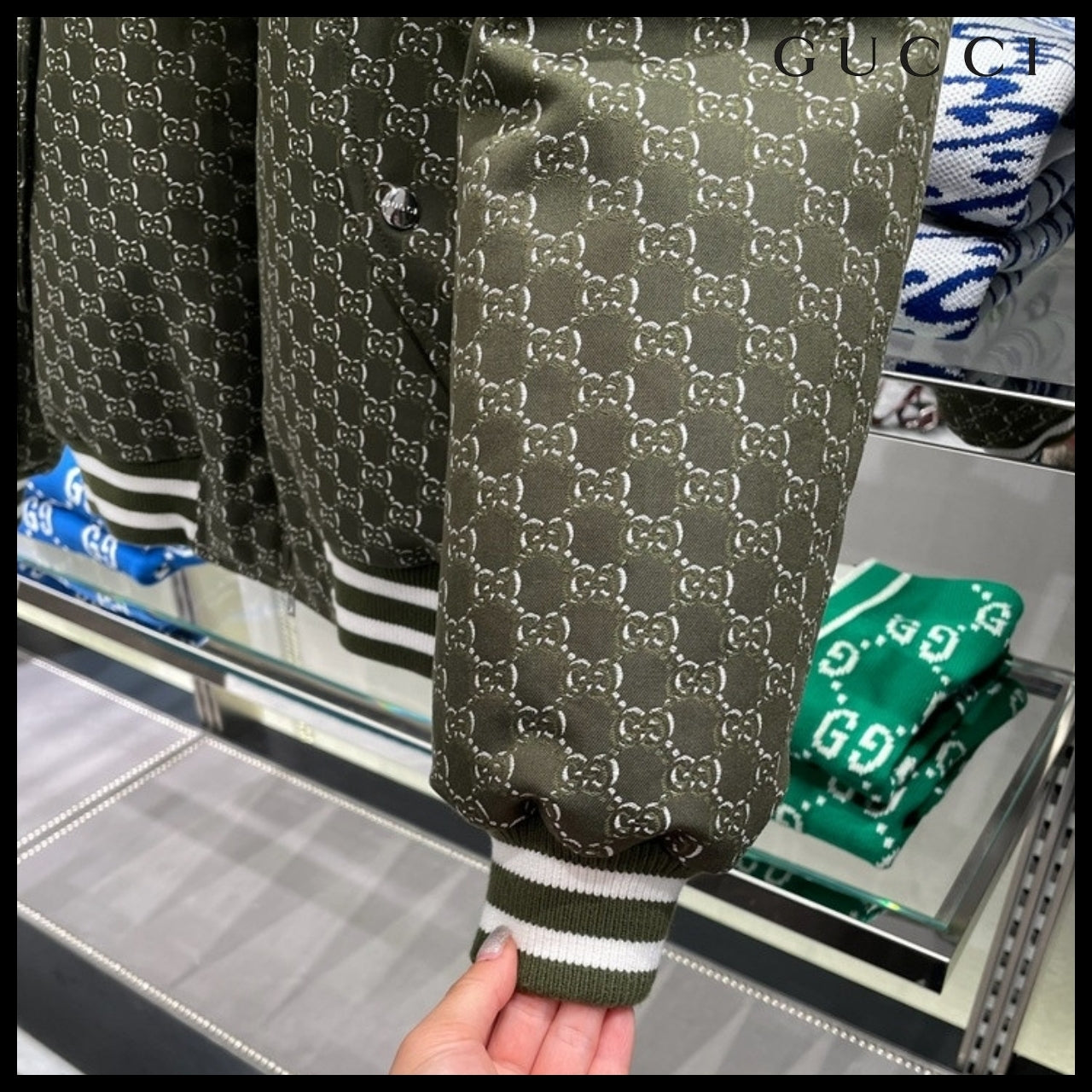 【GUCCI】GG Shadow Jacquard Cotton Bomber Jacket Green White