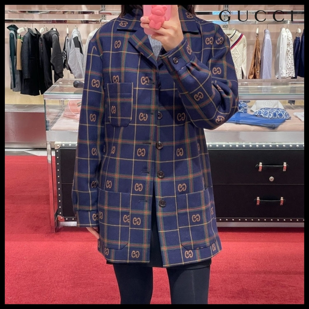 【GUCCI】GG Check Pattern Wool Single Jacket Blue