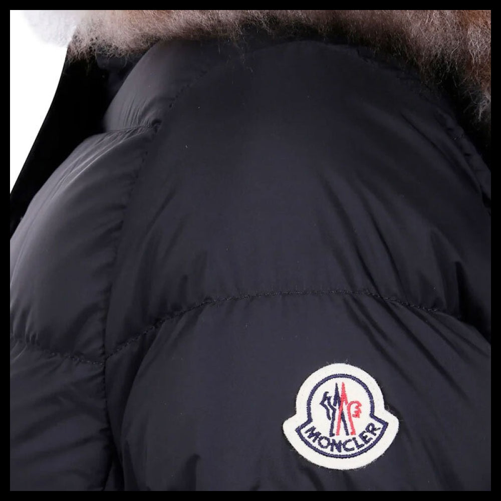 ◆MONCLER◆PATCH LOGO HOODED FUR BELTED LONG DOWN COAT BLACK