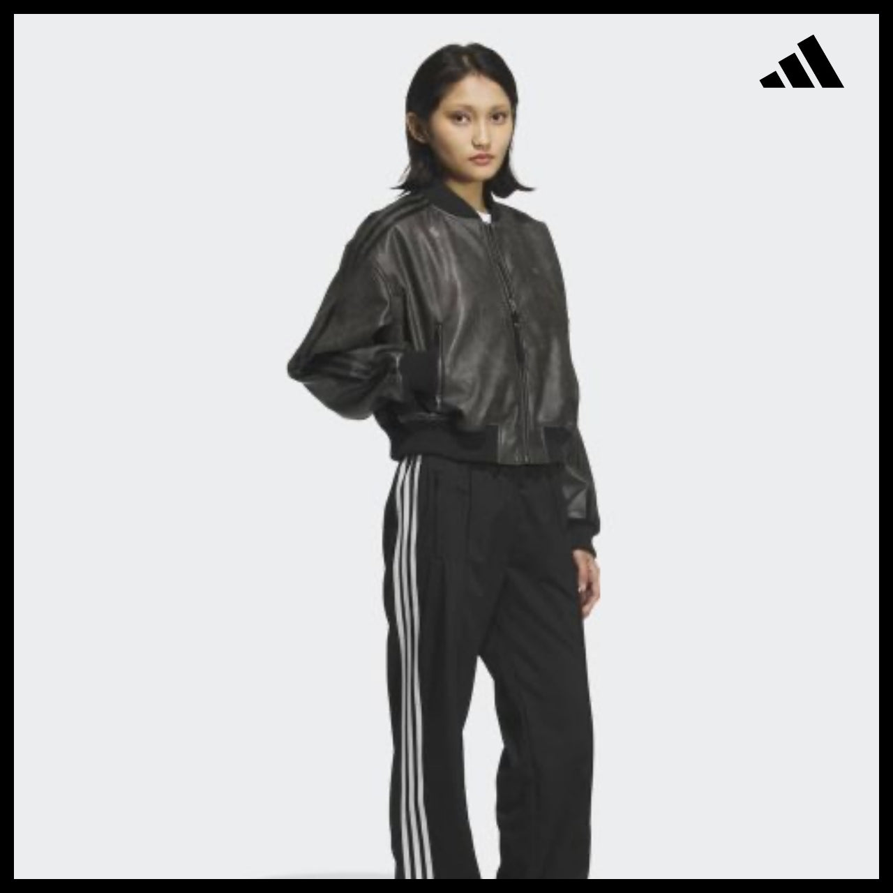 【ADIDAS】Crop Black Leather Jacket Moto Style Jacket