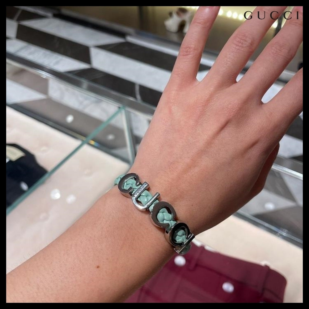 【GUCCI】Silver Metal Logo Leather Buckle Bracelet MintGreen