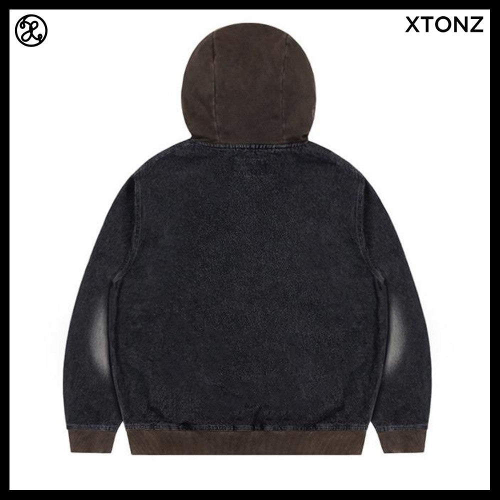 【XTONZ】VINTAGE WASHING STAR DENIM HOODED ZIP-UP 2COLORS