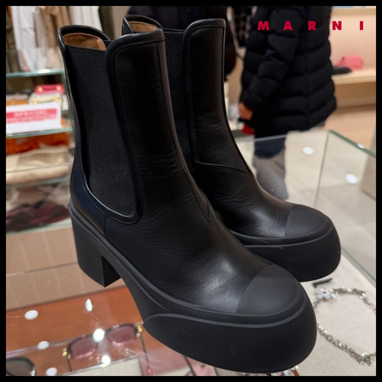 【MARNI】Logo Leather Women’s Chelsea Boots Black