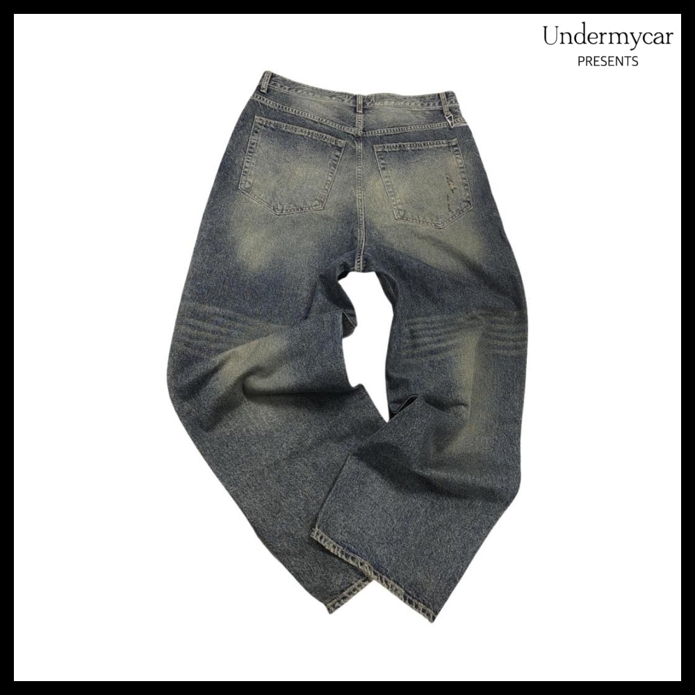 【Undermycar】Iek Hand Brush Washed Wide Jeans
