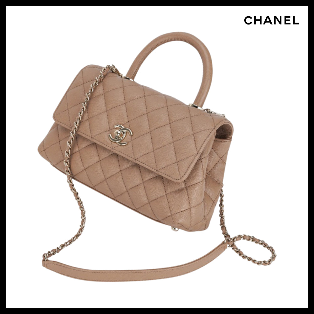 【CHANEL】Top Handle Flap Bag Grained Calfskin & Gold Beige