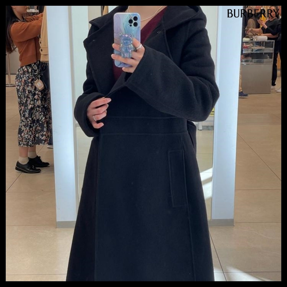 【Burberry】Women's Belted Wool Cashmere Hooded Coat Black