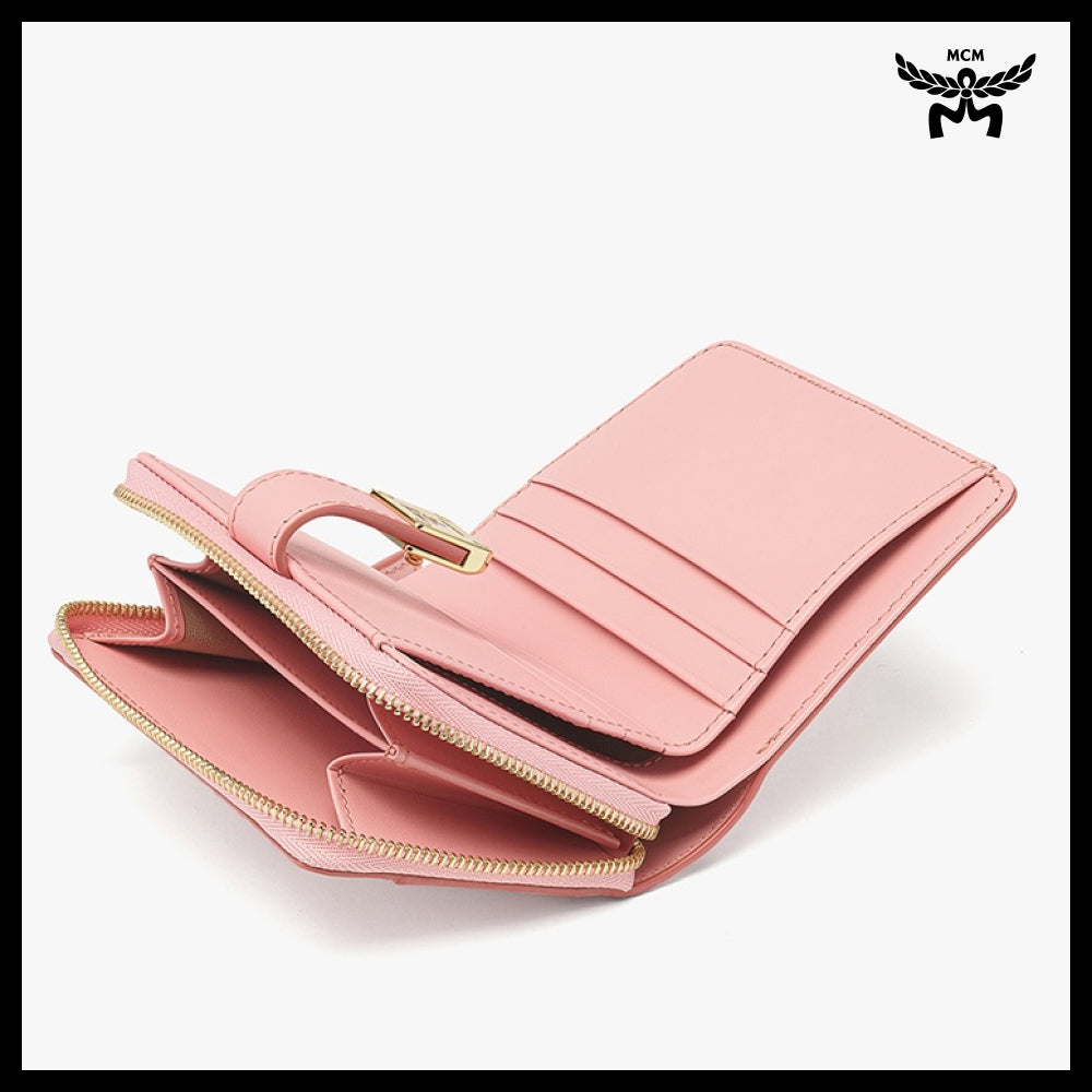 【MCM】Visetos brass plate wallet Pink