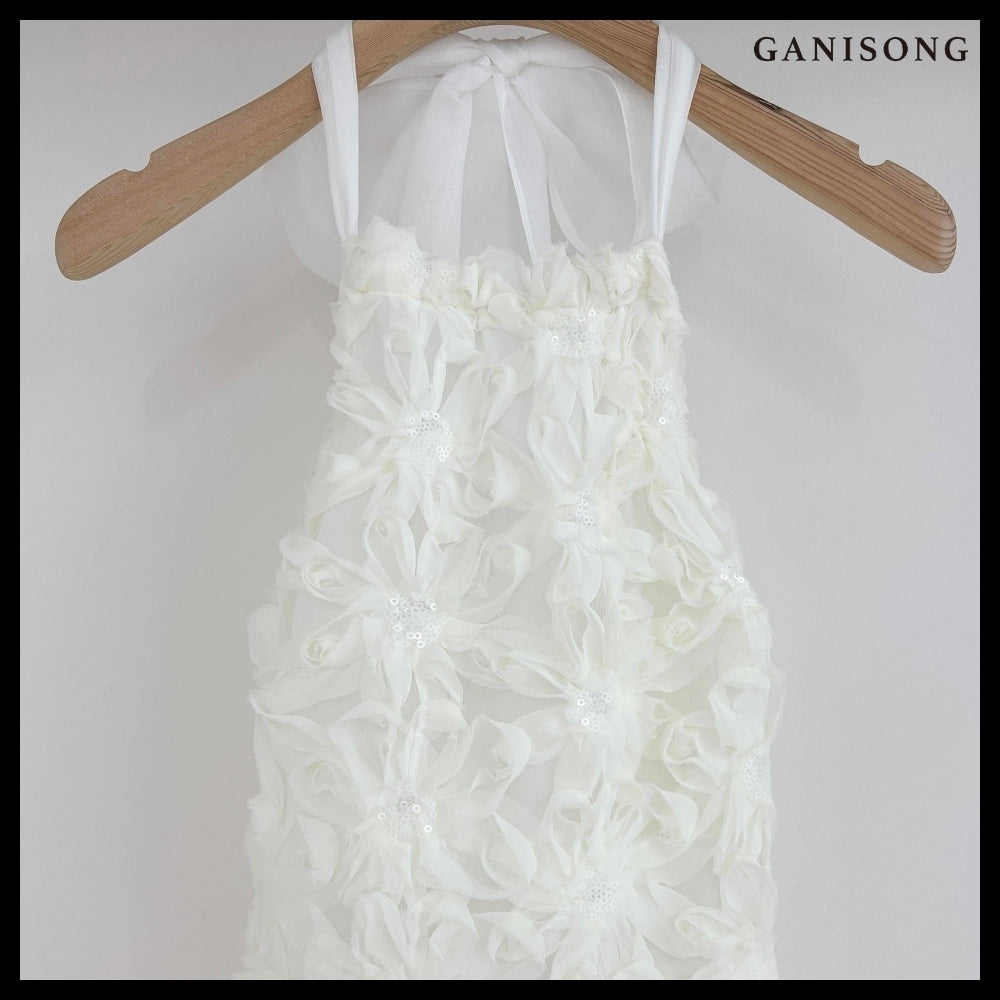 【GANISONG】Bridal Fluffy Rose Halterneck Dress White