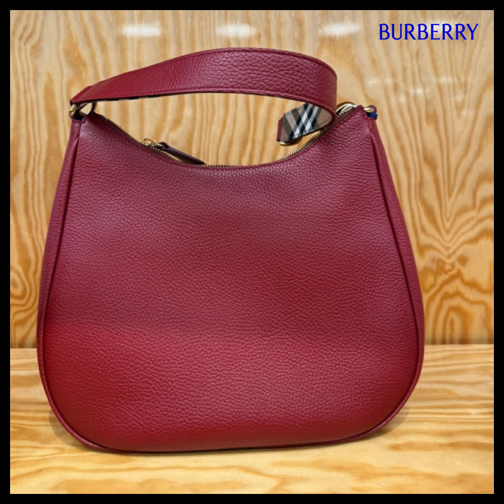 【Burberry】LL Soft Leather Hobo Shoulder Bag Antique Red