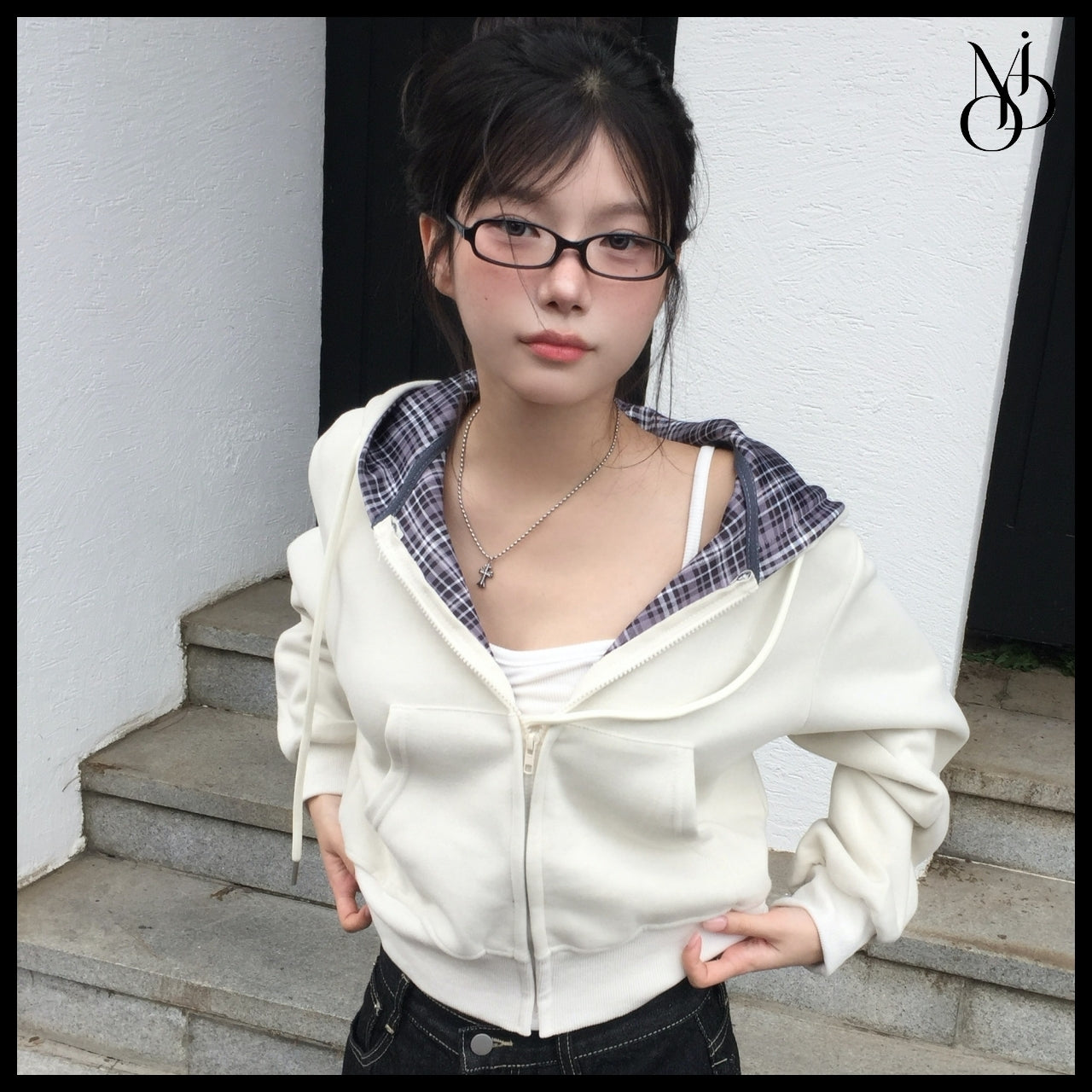 【MODIMOOD】Rudy Check Color Block Hoodie Zip-Up 5 Colors
