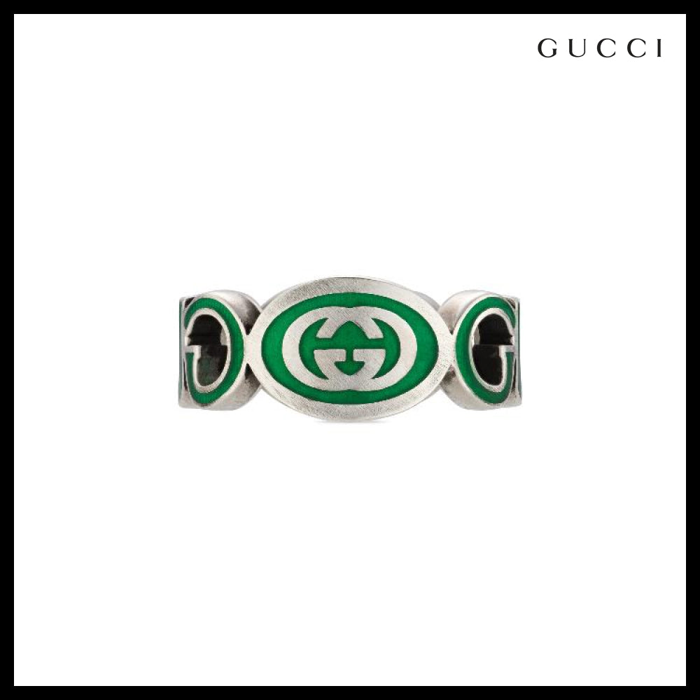 【GUCCI】Interlocking Enamel Silver Ring Green