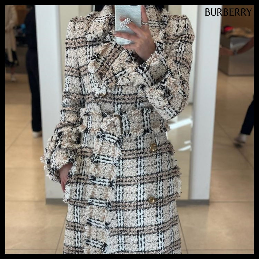 【Burberry】Check Boucle Belted Long Coat String Fossil