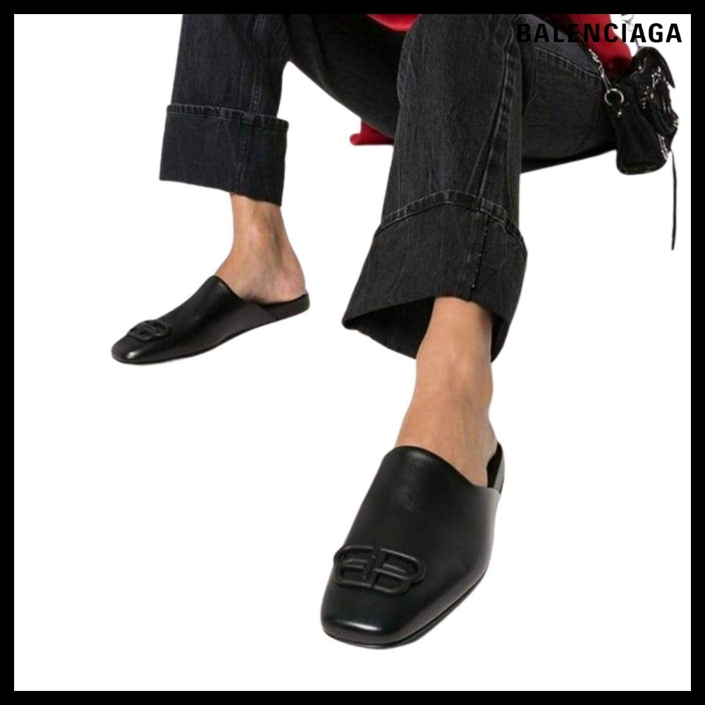 【Balenciaga】Black BB Logo Leather Slipper Shoes