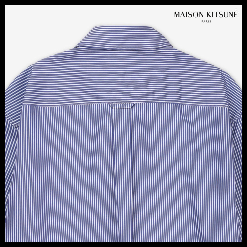 【MAISON KITSUNE】Fox Head Patch Classic Stripe Shirt Navy