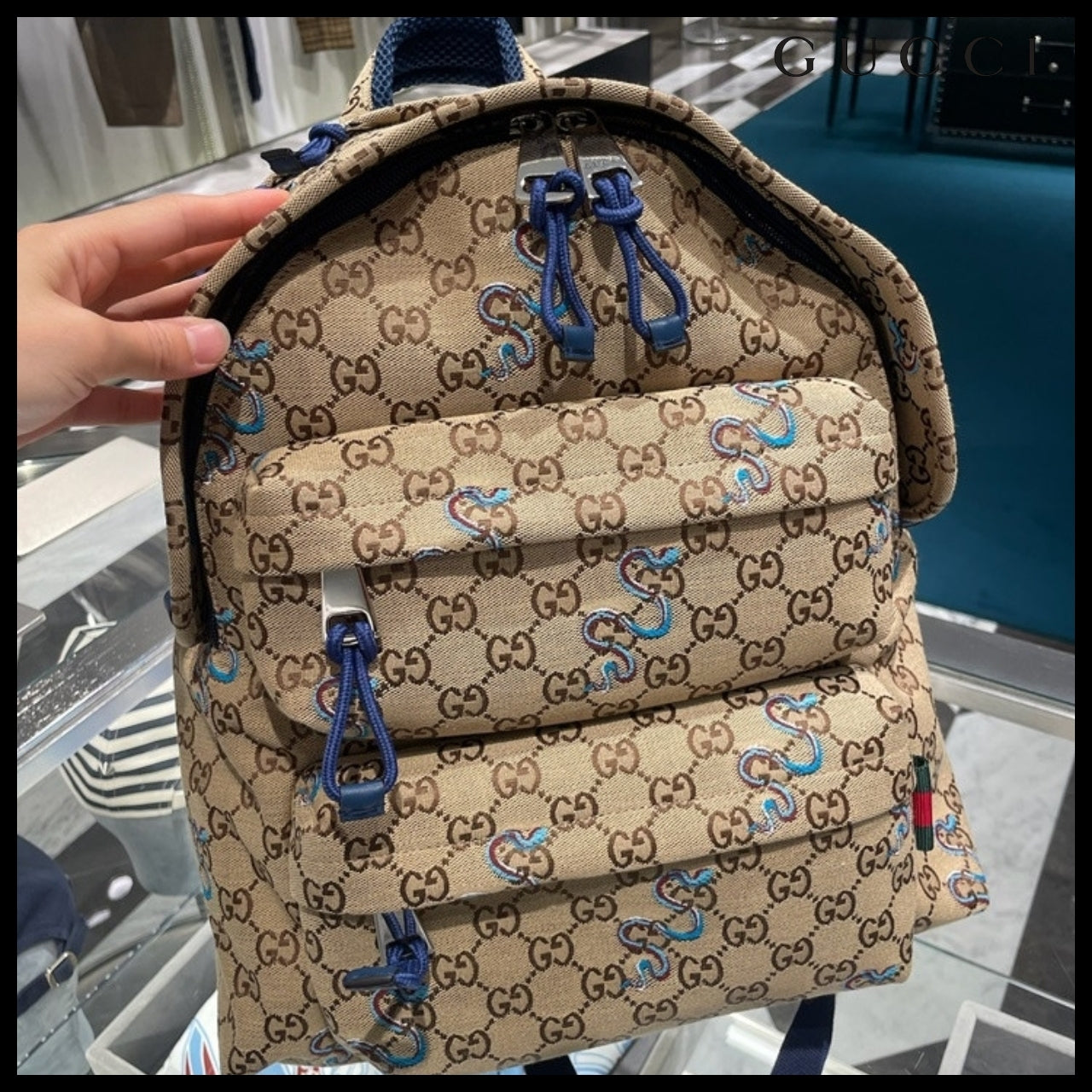 【GUCCI】GG Snake Canvas Medium Backpack Beige Ebony