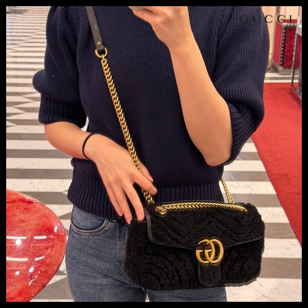 【GUCCI】GG Marmont Shearling Small Shoulder Bag Black