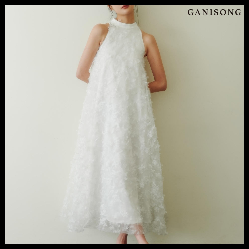 【GANISONG】Bridal Angel Pollen Halterneck Dress White