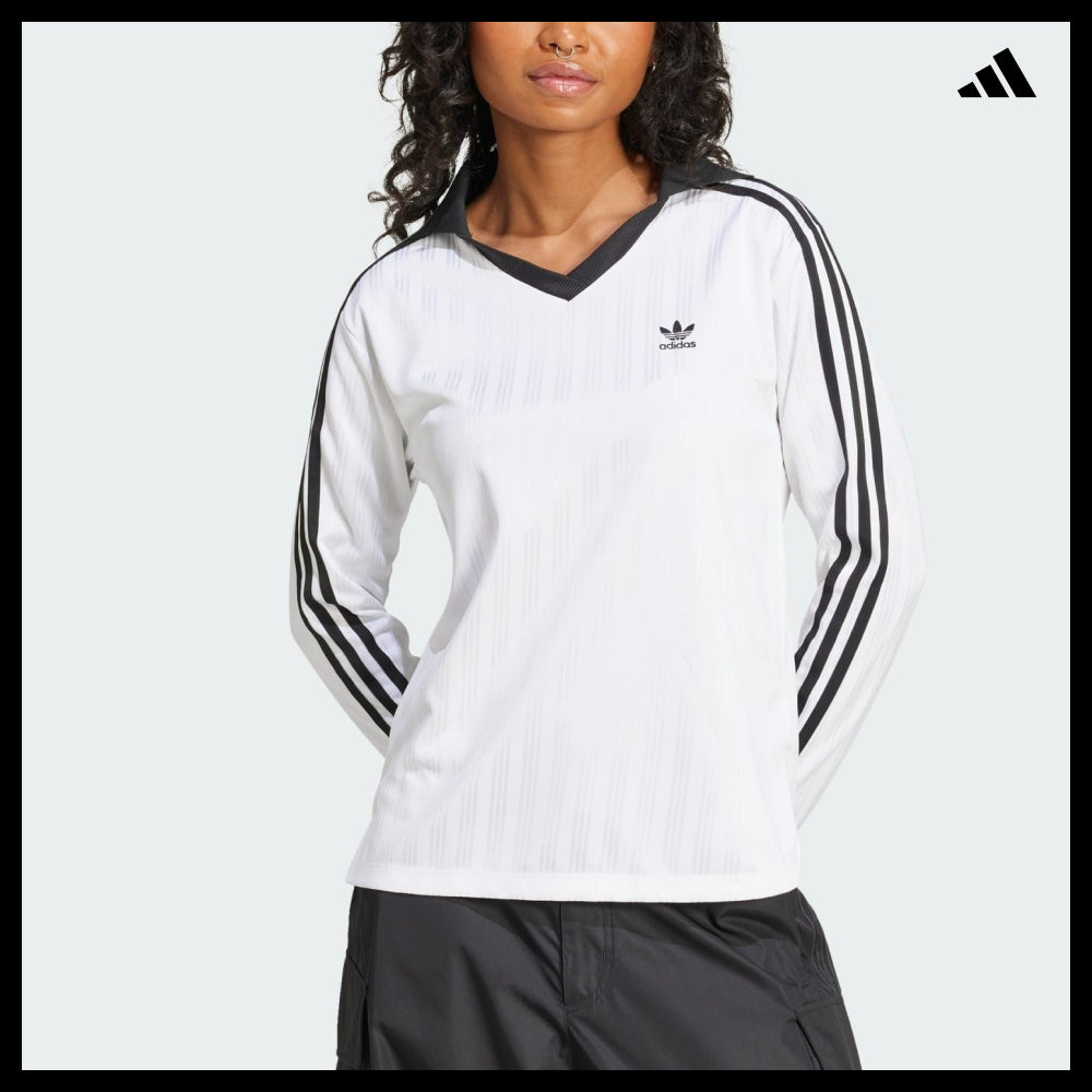 【ADIDAS】Football Jacquard V-Neck Long Sleeve Polo White
