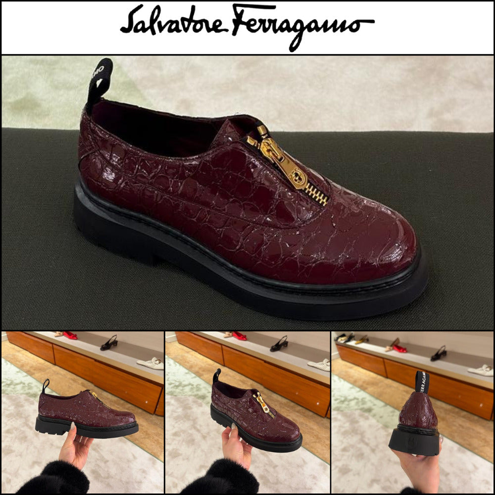【FERRAGAMO】KAIA CROC PATTERN ZIPPER LOAFERS BURGUNDY